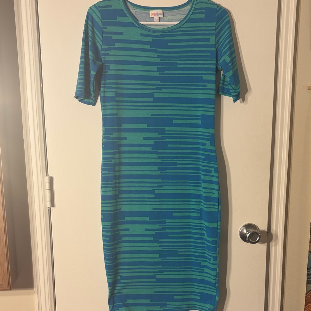 LuLaRoe Teal and Aqua Striped Midi Dress